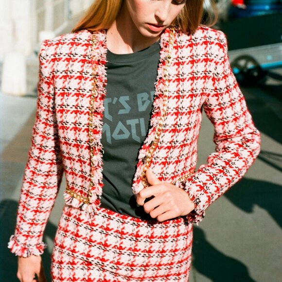 (NWT) Mango - pink red short tweed chain blazer jacket (medium) - Picture 6 of 7